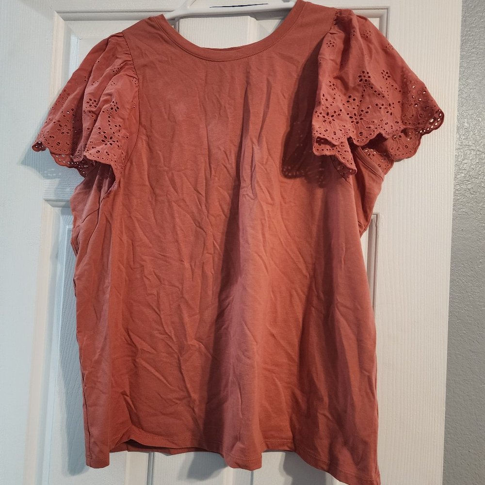 Ava Viv Coral Eyelet Flutter Sleeve Top - 1X